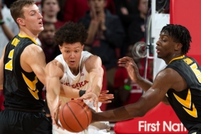 LINCOLN, NEB. - 01/27/2018 - Nebraska forward Isaiah Roby makes his way through double coverage from Iowa's Jack Nunge (left) and Tyler Cook (right) Saturday, Jan. 27, 2018, at Pinnacle Bank Arena. Nebraska defeated Iowa 98 to 84. KAYLA WOLF, Journal Star